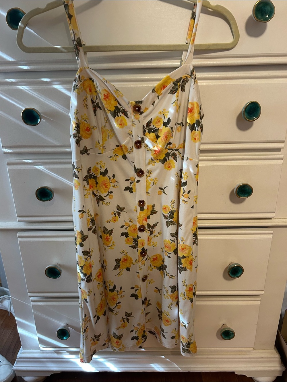No Boundaries White Mini Dress with Yellow Floral Print